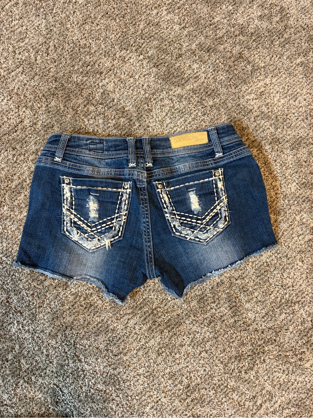 L.A. idol Dark Blue Distressed Denim Shorts with Embroidered Pockets